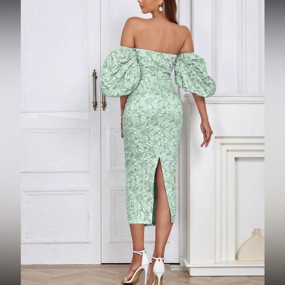 Luxe dusty blue floral jacquard off shoulder party formal evening dress - Picture 5 of 16